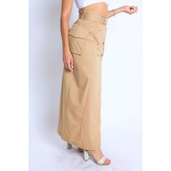 Women Asymmetric Self Belted Pockets Detailed Maxi Skirt Formal Casual Khaki - Picture 8 of 10